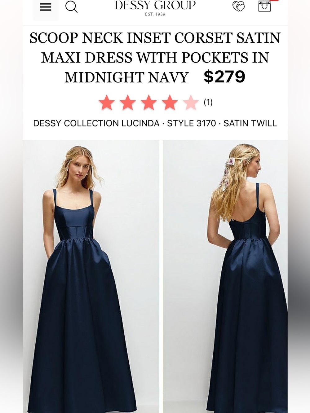 Dessy Collection Midnight Navy Satin Scoop Neck Maxi Dress